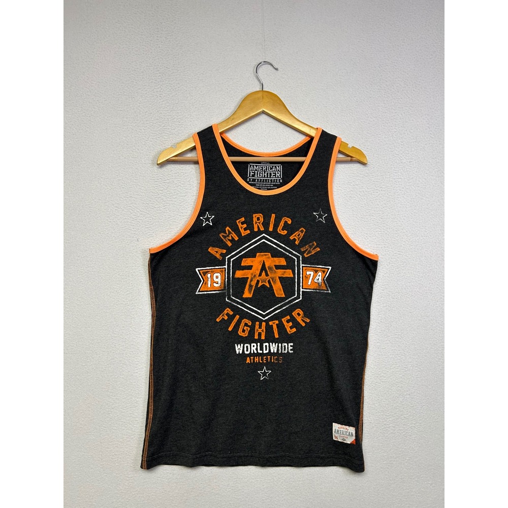 MMA Gym Athletic American Fighter Mens Small Gray Orange Graphic Tank Top